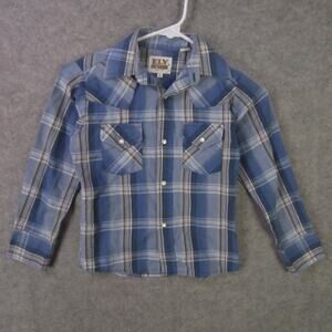 Ely Cattleman Shirt Boys Small Blue Plaid Western Pearl Snap Long Sleeve Cowboy